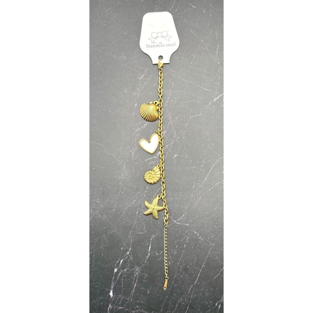 18K Gold Plated Starfish Shell Heart Bracelet Stainless Steel Adjustable NEW - Picture 4 of 5